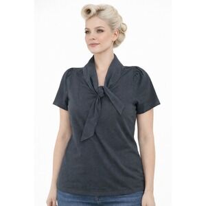 Smak Parlour Womens 2X Black Tie Neck Pussybow Puff Sleeve Blouse Stretch Top